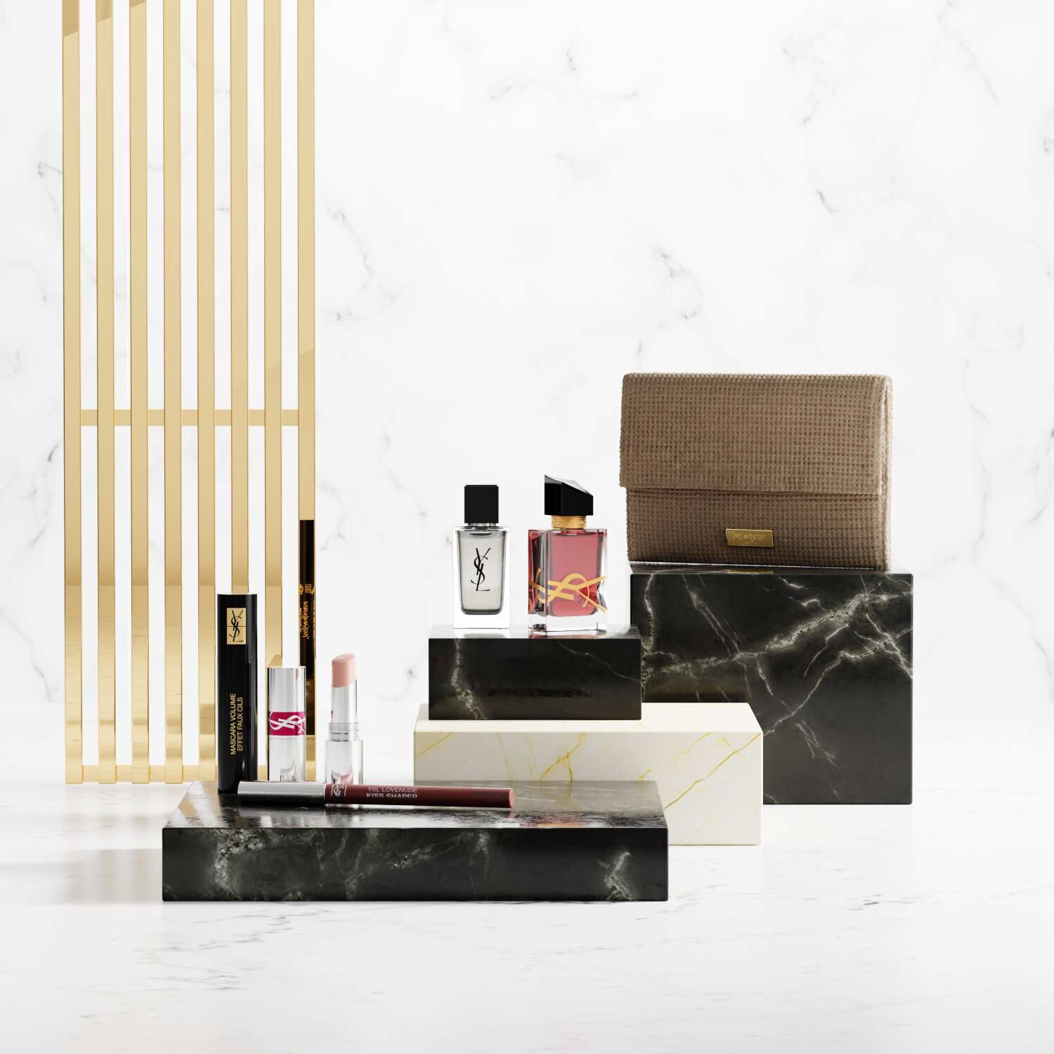Produits de beaute YSL sur socles en marbre de luxe.​