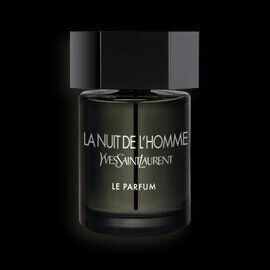 A sleek, dark perfume bottle labeled "La Nuit de L'Homme" by Yves Saint Laurent, with a black cap and a minimalist design on a black background.