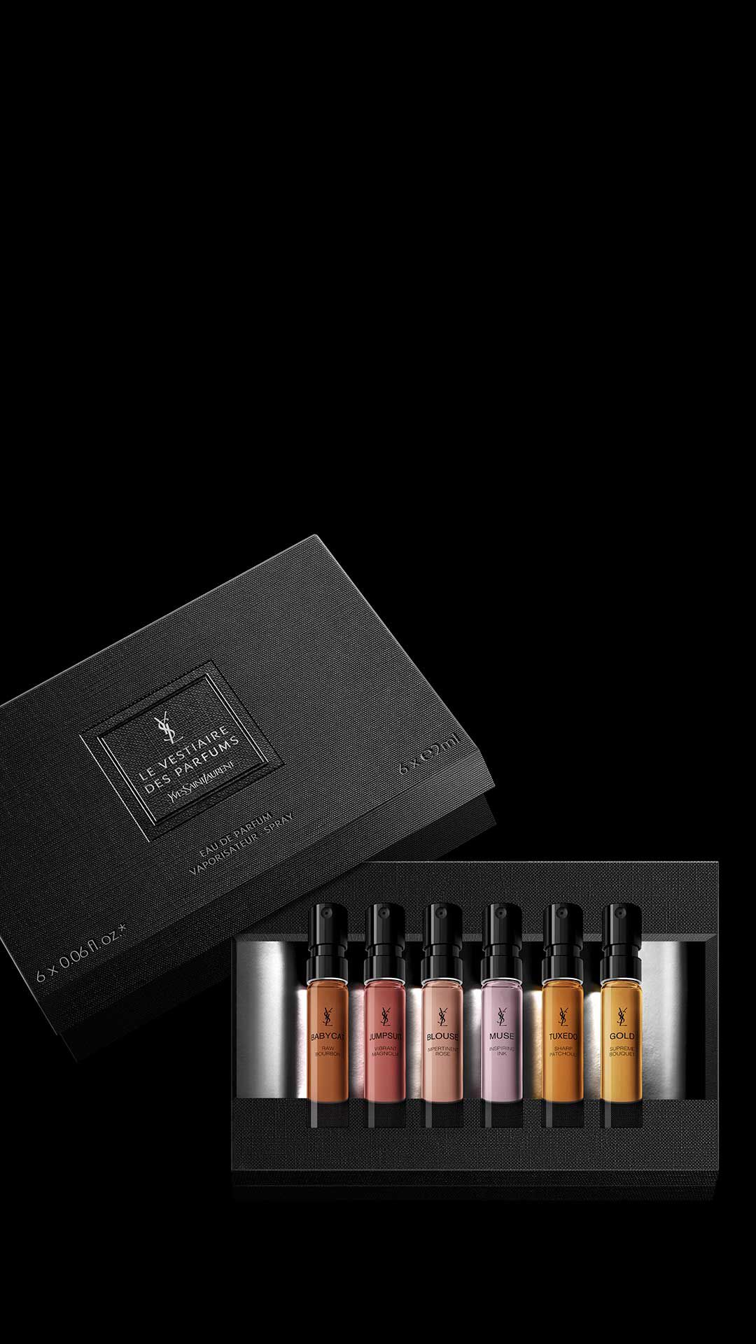 Coffret decouverte Yves Saint Laurent Le Vestiaire des Parfums contenant six miniatures de 2 ml dans un ecrin noir texture.