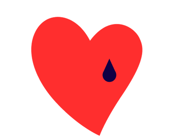 Icone de coeur rouge avec une larme bleu fonce sur fond blanc.