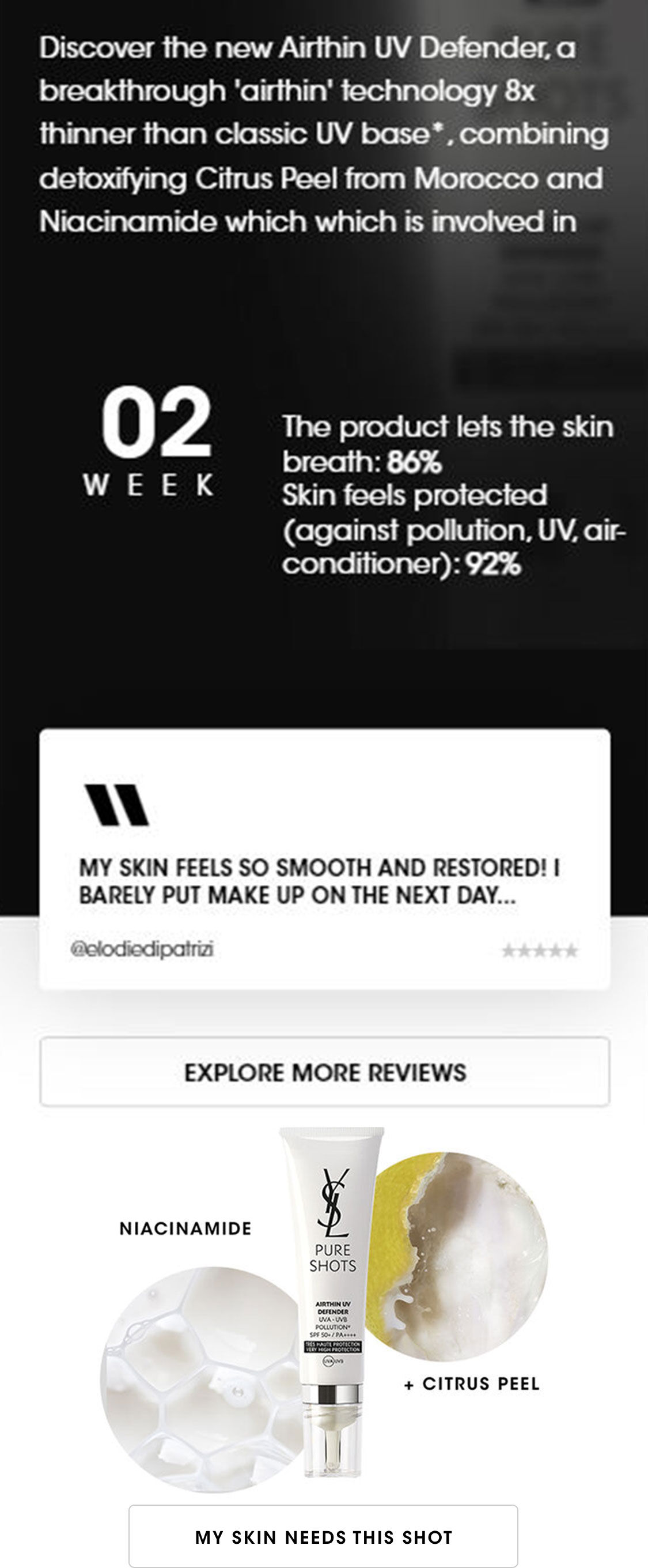 A promotional image for YSL's Pure Shots skincare product featuring a tube of cream and testimonials about its effectiveness. The text highlights benefits such as smooth and restored skin, UV protection, and the inclusion of niacinamide and citrus peel.