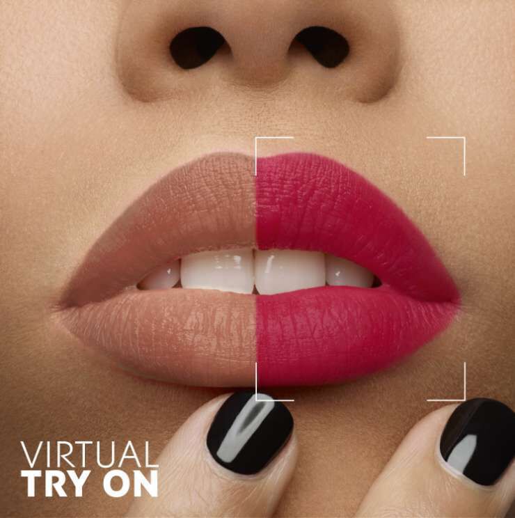 A close-up of a woman's lips, one side with a nude lipstick and the other side with a bright pink lipstick. The text "VIRTUAL TRY ON" is displayed in the corner.