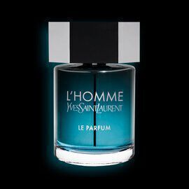 Alt text: A bottle of L'Homme Yves Saint Laurent Le Parfum, featuring a sleek design with a black cap and a turquoise glass body, set against a dark background.