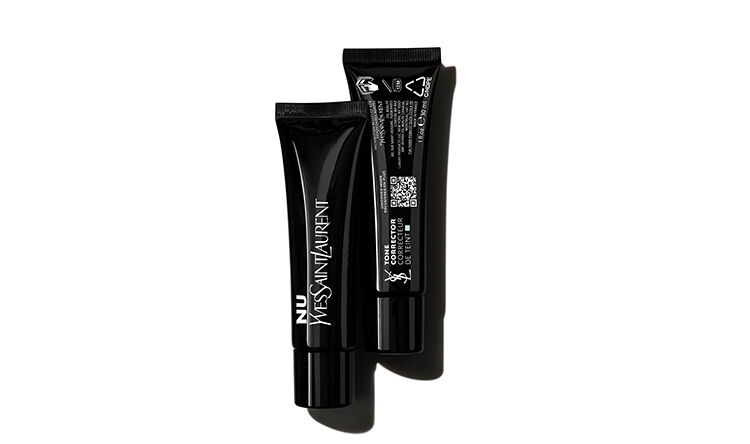 Two black cosmetic tubes are positioned against a white background, showcasing sleek designs with minimalist branding.