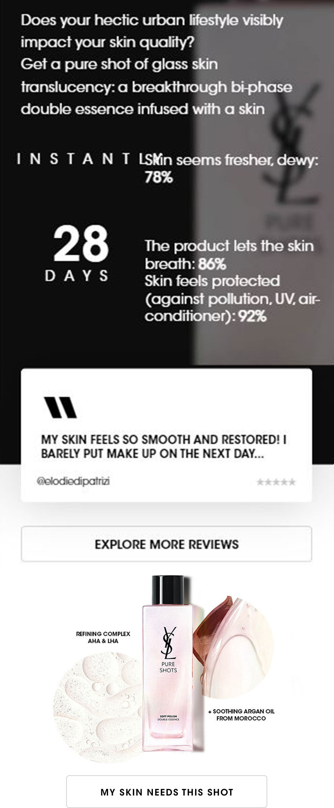 Alt text: A promotional image for Yves Saint Laurent's Pure Shots skincare line featuring a bottle of refining complex AHA and LHA, alongside a text review highlighting improved skin quality and smoothness after use.