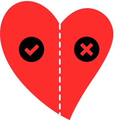Coeur rouge divise par une ligne pointillee avec des icones de coche et de croix.