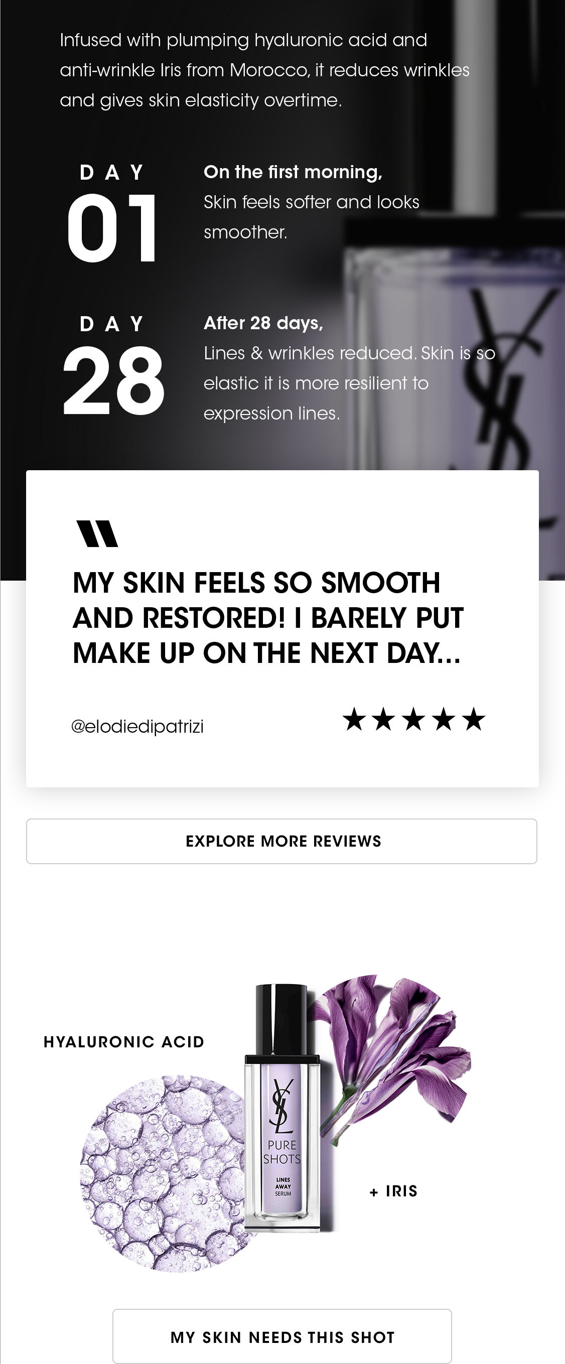 An advertisement for YSL Pure Shots skincare featuring a bottle of serum alongside hyaluronic acid and an iris flower, highlighting its benefits for smoother, more resilient skin over time.