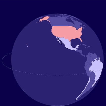 Une mappemonde stylisee avec l'Amerique du Nord coloree en rose vif, le reste des continents en teintes de violet sur un fond bleu fonce.