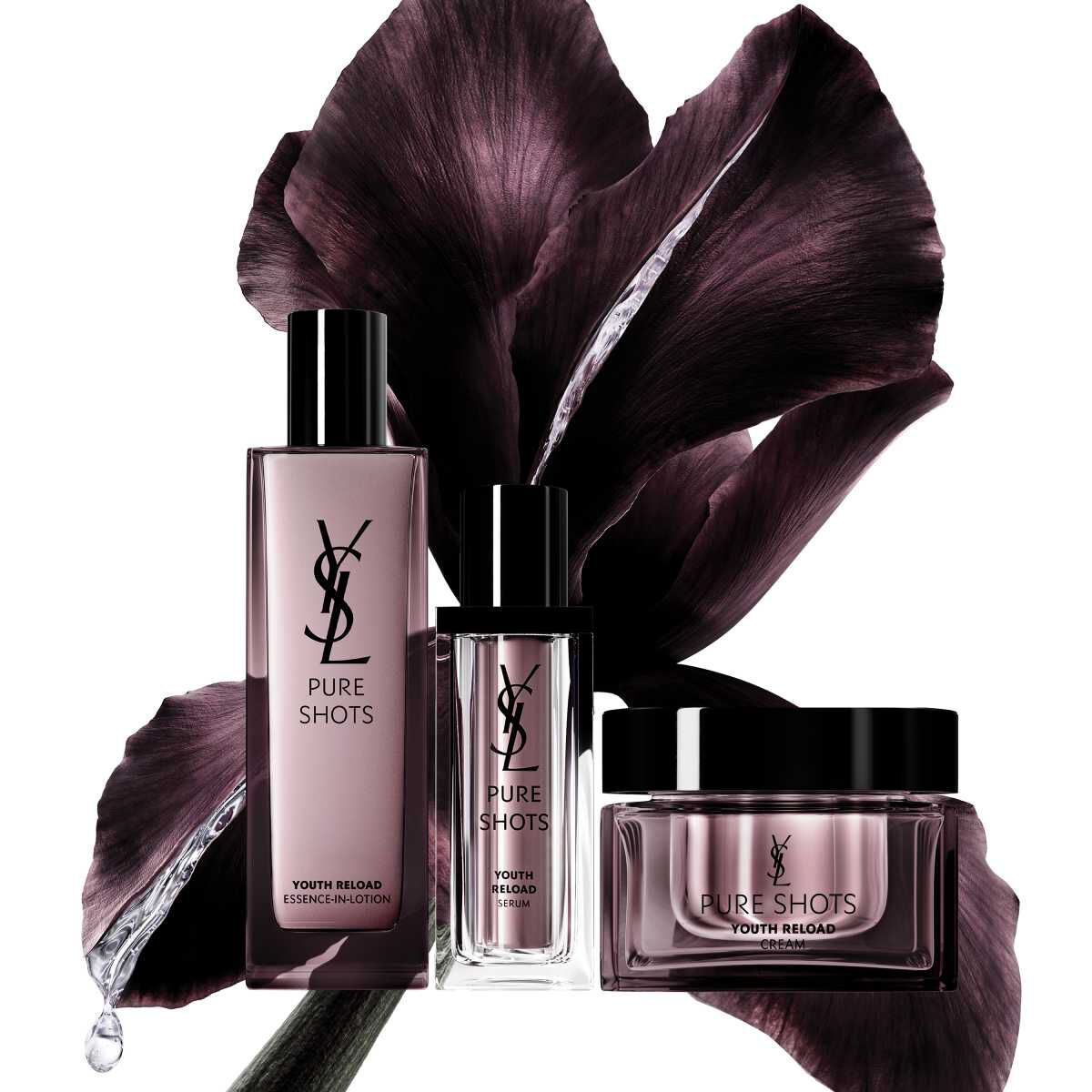 YSL Pure Shots huidverzorgingsproducten voor een donkere bloemachtergrond.