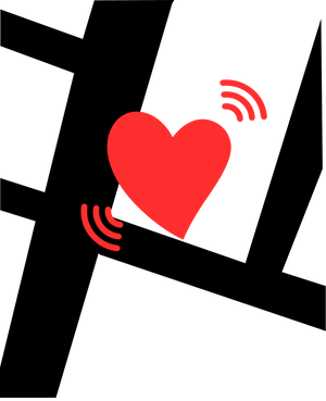 Icone de coeur rouge avec des ondes de signal sur fond blanc.