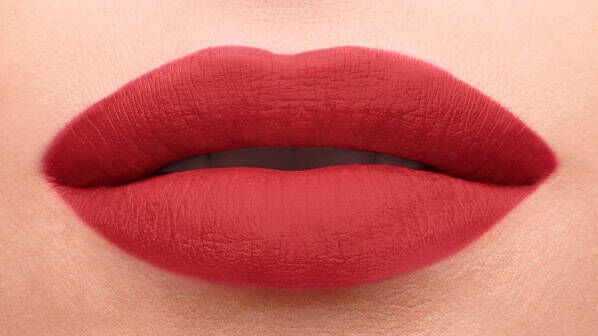 Close-up of smooth, full lips with a matte reddish-brown lipstick applied.