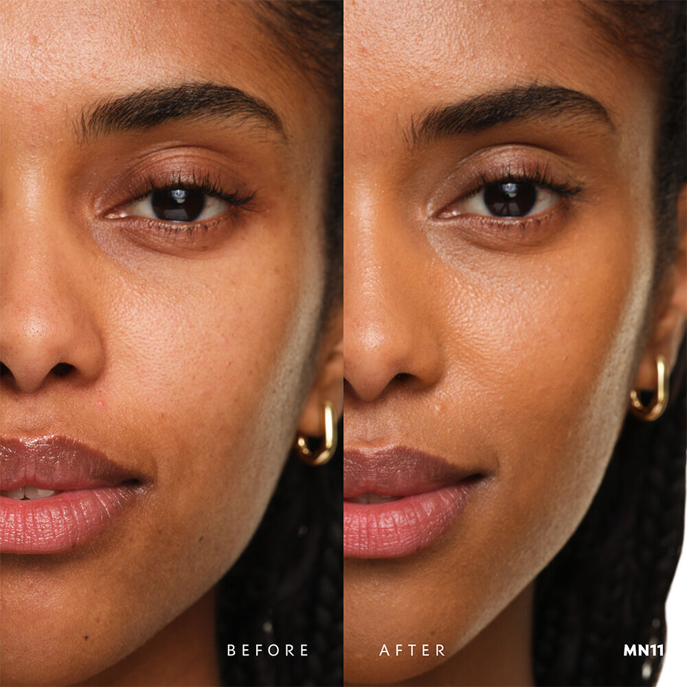Before and after YSL SKIN AFFAIR SOFT GLOW CUSHION FOUNDATION MN11. Unified complexion with seamless radiant soft glow finish.
