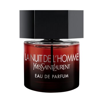 The Bottle front-facing shot of the La Nuit de l’Homme Eau de Parfum bottle, featuring a deep red-to-black gradient glass and a signature matte black hexagonal cap.
