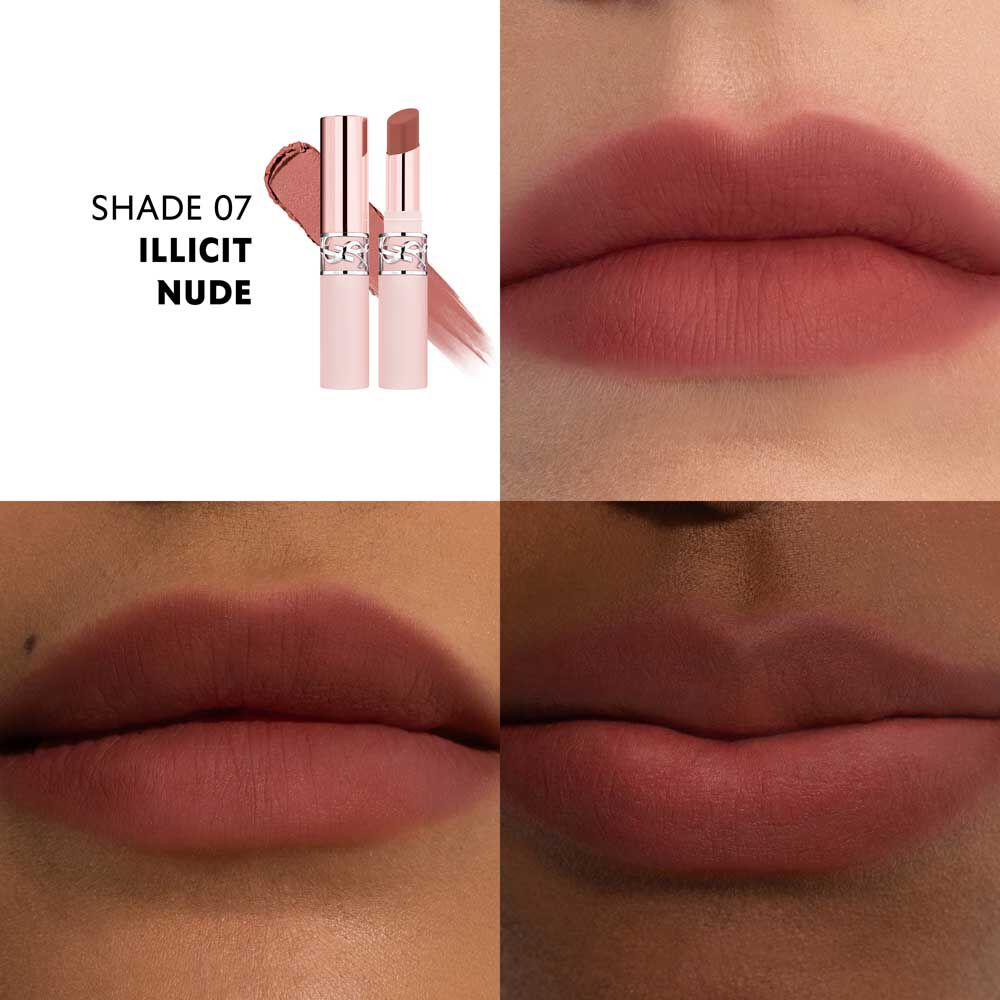 YSL LOVENUDE Lip Blusher, schaduw 7. Multiframe close-up van lippen die het product dragen.