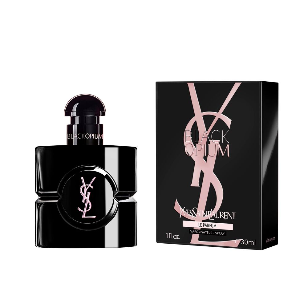 Black Opium Le Parfum-flacon naast de zwarte doos met de roze YSL Cassandre.
