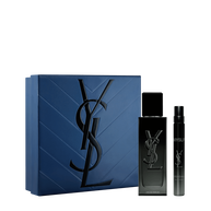 YSL MYSLF Eau de Parfum Discovery Spring Set met blauwe cadeaubox, MYSLF EDP fles 40 ml en 10 ml reisspray op een witte achtergrond.