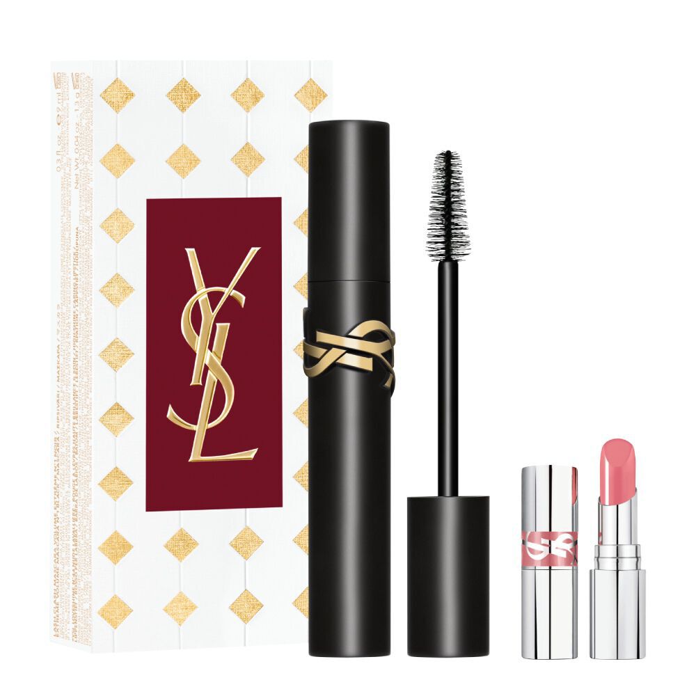 Coffret cadeau YSL Lash Clash : mascara noir, mini rouge a levres rose et ecrin de fete.