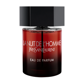 The Bottle front-facing shot of the La Nuit de l’Homme Eau de Parfum bottle, featuring a deep red-to-black gradient glass and a signature matte black hexagonal cap.