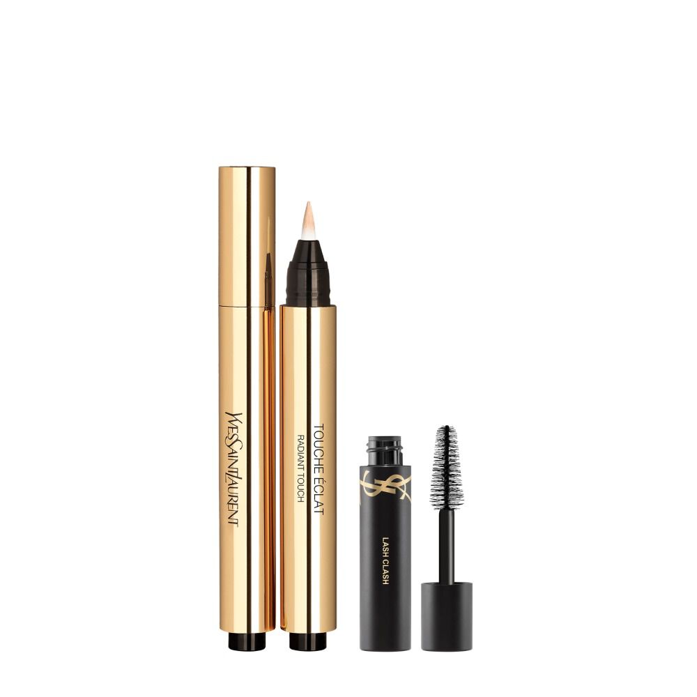 Touche Eclat Stylo tint 02 naast een mini Lash Clash mascara op een witte achtergrond.