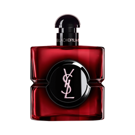 Flacon Black Opium Over Red en laque rouge profond, au coeur noir et orne du logo YSL.