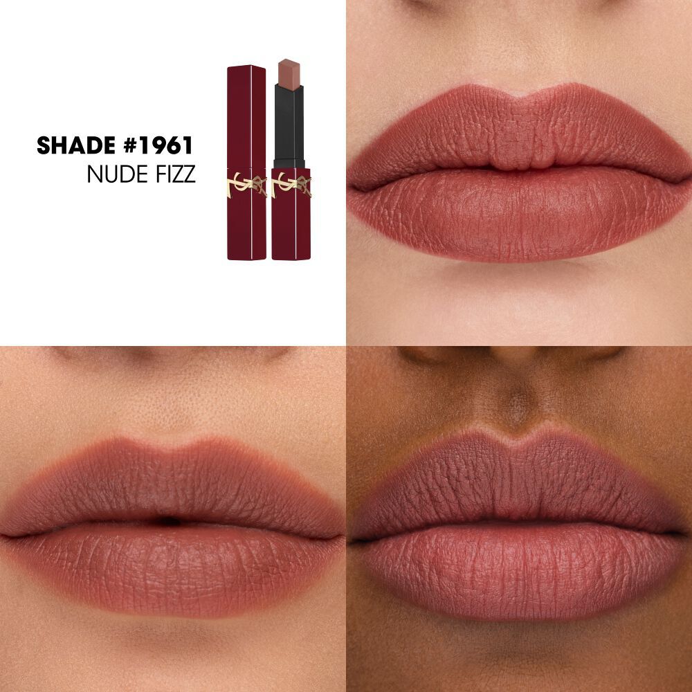 Gros plans sur YSL The Slim Collector teinte #1961 Nude Fizz appliquee sur trois tons de levres differents.