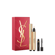 YSL Touche Eclat Spring Set met cadeaudoos, Touche Eclat Stylo tint 02 en mini Lash Clash mascara op een witte achtergrond.