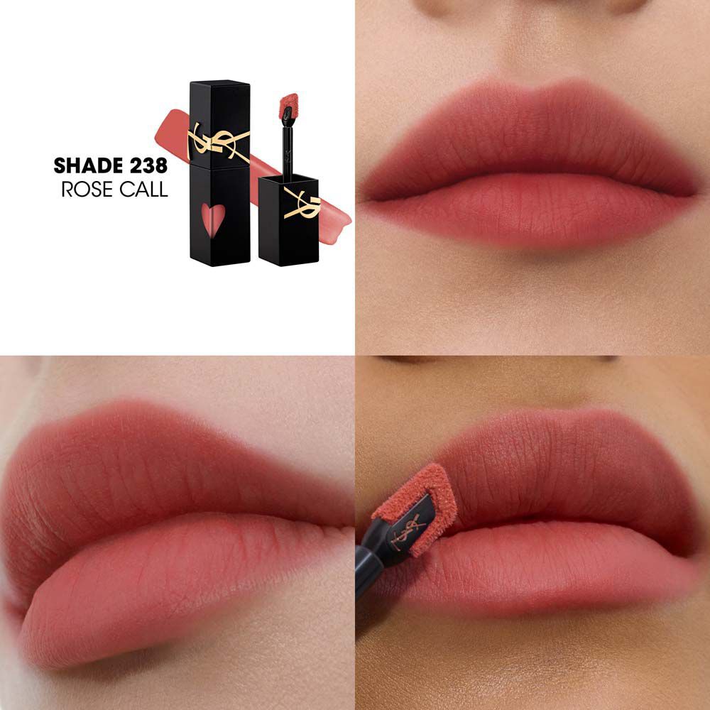 Collage presentant le flacon de teinture a levres YSL et un echantillon de texture (en haut a gauche) aux cotes de trois gros plans de swatches sur differentes carnations, dont un en train d'etre applique avec le pinceau.