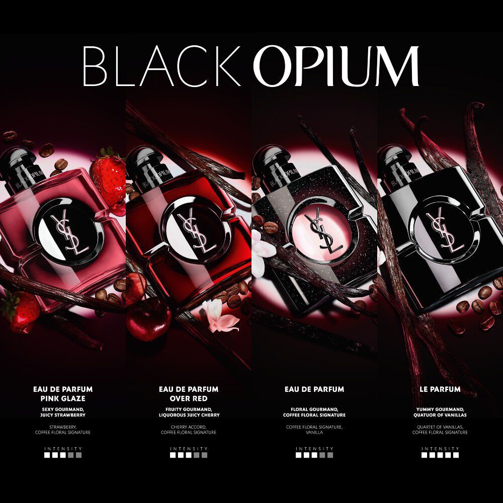 Comparatif YSL Black Opium revelant les notes et l’intensite de quatre fragrances : Pink Glaze (fraise), Over Red (cerise), Eau de Parfum (iconique accord cafe-floral) et Le Parfum (quatuor de vanilles).