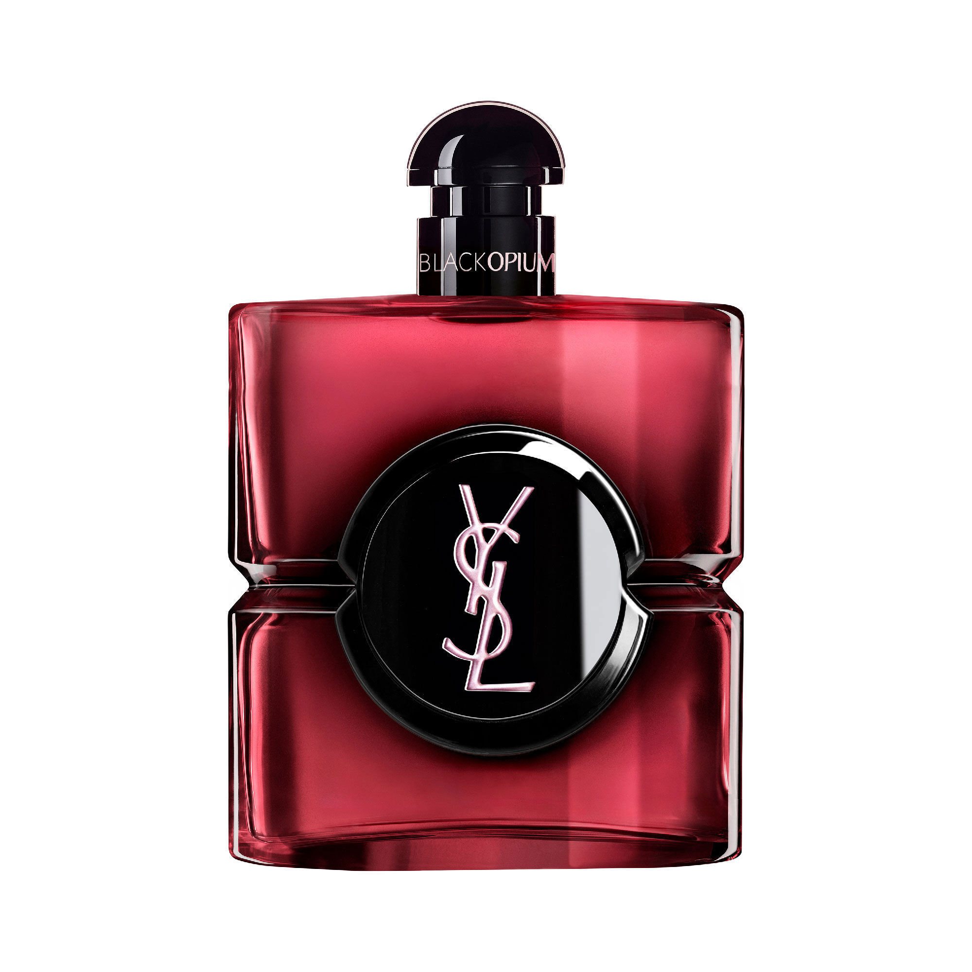 Flacon Black Opium Eau de Parfum Pink Glaze en laque rose
                        fonce avec un centre noir et le logo Cassandre YSL argente.