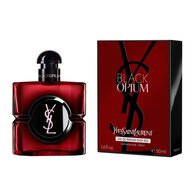 Black Opium Eau de Parfum Over Red-flacon naast het bijpassende rode doosje met het YSL-logo.