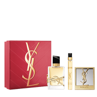 YSL Libre Trio Lenteset met cadeaudoos, Libre Eau de Parfum 50 ml, 10 ml reisspray en spiegel op een witte achtergrond.