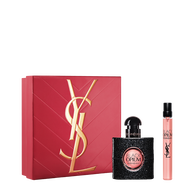 YSL Black Opium Eau de Parfum Duo Spring Set met cadeaudoos, Black Opium Eau de Parfum 30 ml en 10 ml reisspray op een witte achtergrond.