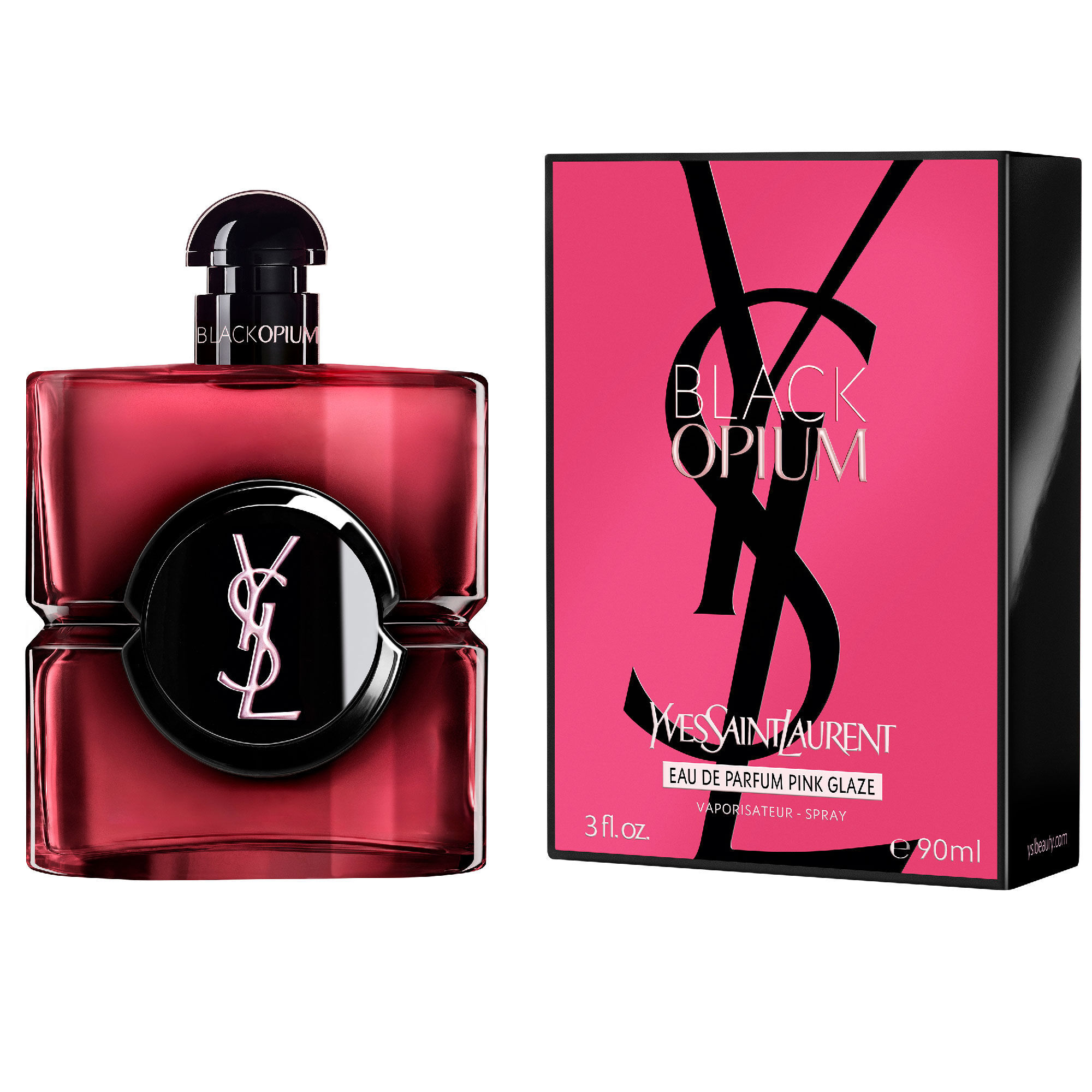 Flacon Black Opium Eau de Parfum Pink Glaze a cote de sa
                        boite fuchsia et noire ornee du Cassandre YSL.
