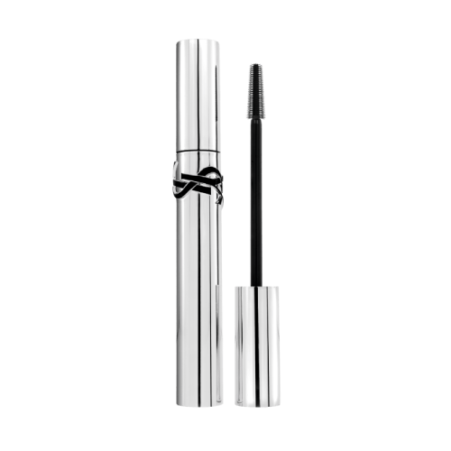 YSL Lash Latex Mascara in a sleek silver tube with black YSL logo, featuring a precise wand.