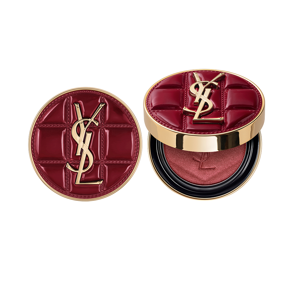 YSL Make me blush collector in quilted burgundy leather case with gold Cassandre logo, closed and open.