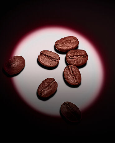 Un groupe de grains de café torréfiés illuminés par un projecteur circulaire rose sur fond sombre.